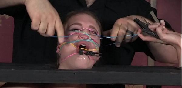  Stockinged bdsm sub gets peg clamps on body